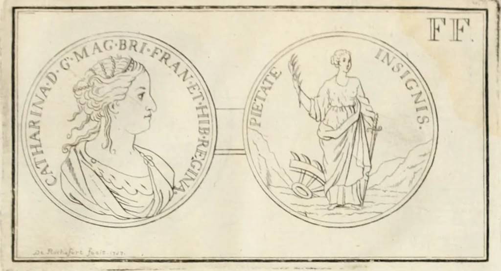 An illustration from Historia genealogica da casa real portugueza : desde a sua origem até o presente, com as familias illustres, que precedem dos reys, e dos serenissimos duques de Bragança ..., 1735, leaf 574