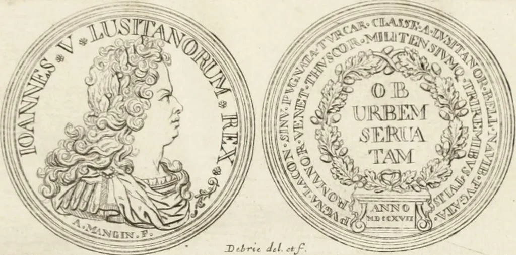 An illustration from Historia genealogica da casa real portugueza : desde a sua origem até o presente, com as familias illustres, que precedem dos reys, e dos serenissimos duques de Bragança ..., 1735, leaf 576