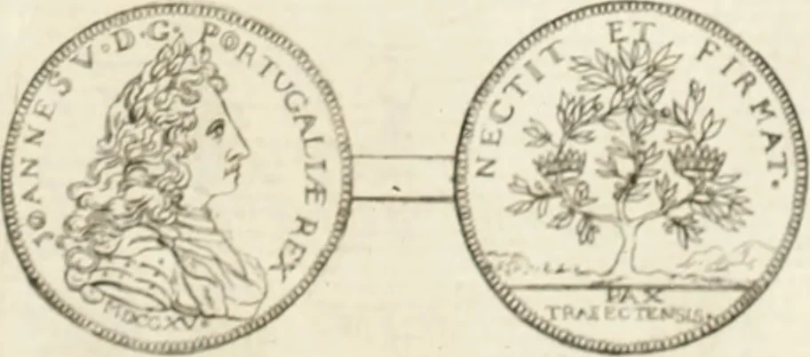 An illustration from Historia genealogica da casa real portugueza : desde a sua origem até o presente, com as familias illustres, que precedem dos reys, e dos serenissimos duques de Bragança ..., 1735, leaf 576