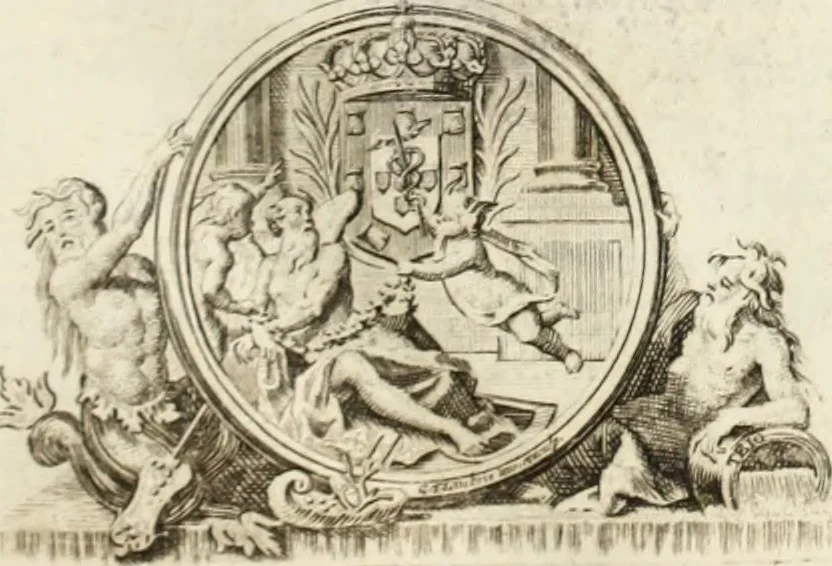 An illustration from Historia genealogica da casa real portugueza : desde a sua origem até o presente, com as familias illustres, que precedem dos reys, e dos serenissimos duques de Bragança ..., 1735, leaf 6
