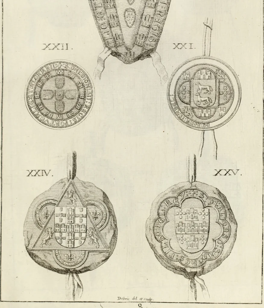An illustration from Historia genealogica da casa real portugueza : desde a sua origem até o presente, com as familias illustres, que precedem dos reys, e dos serenissimos duques de Bragança ..., 1735, leaf 96