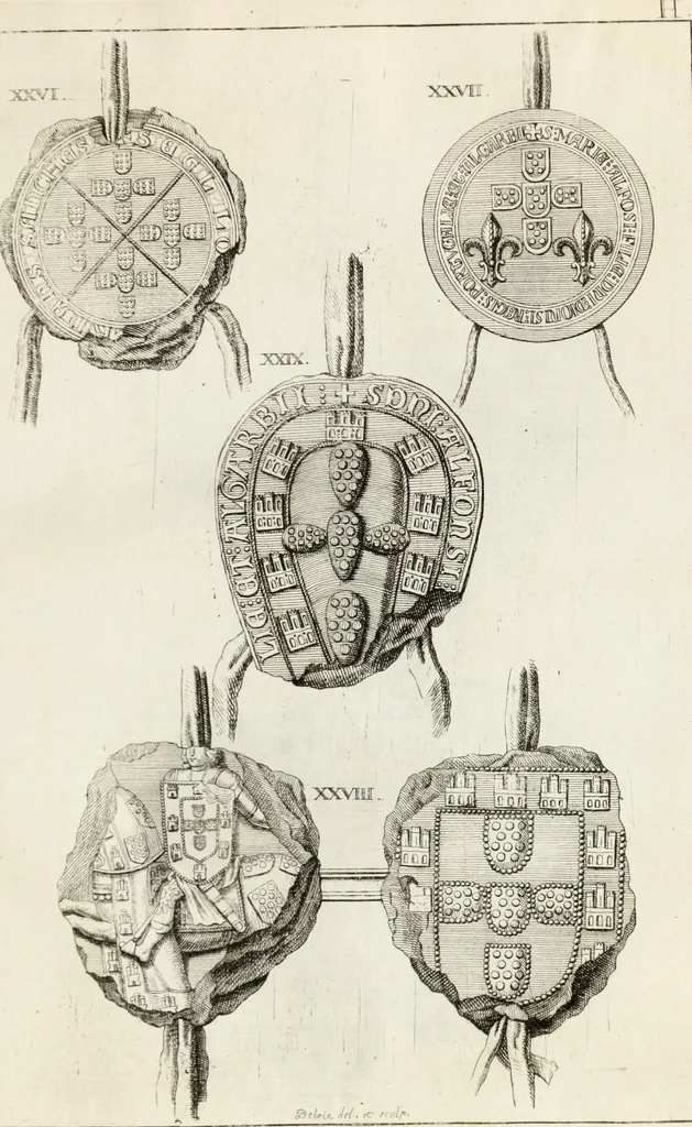 An illustration from Historia genealogica da casa real portugueza : desde a sua origem até o presente, com as familias illustres, que precedem dos reys, e dos serenissimos duques de Bragança ..., 1735, leaf 98