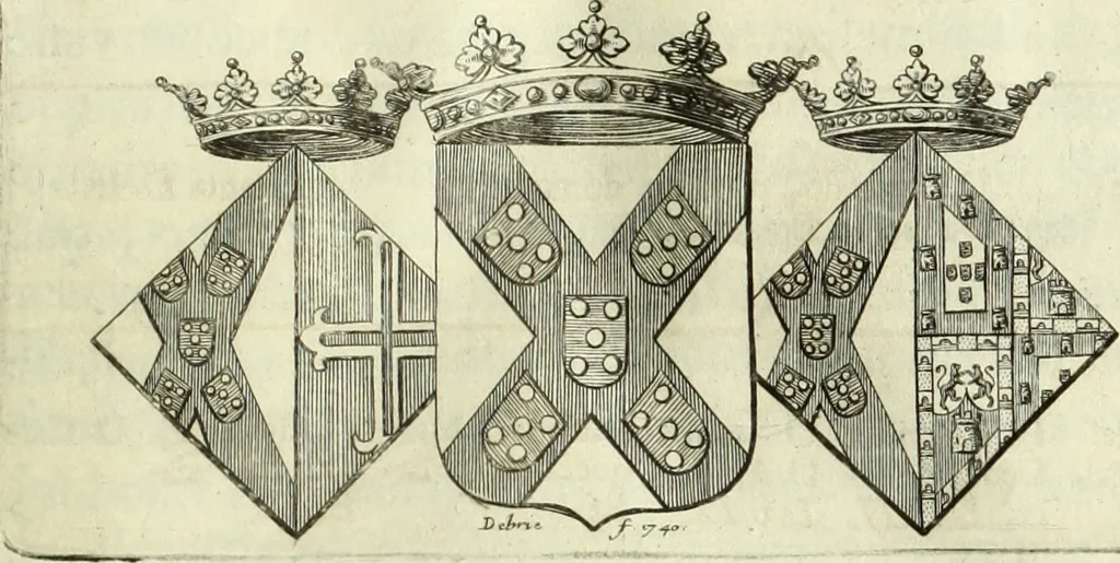 An illustration from Historia genealogica da casa real portugueza : desde a sua origem até o presente, com as familias illustres, que precedem dos reys, e dos serenissimos duques de Bragança ..., 1735, leaf 14
