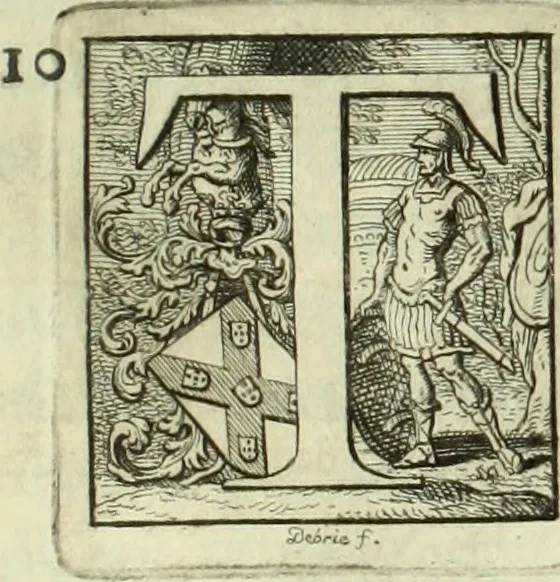 An illustration from Historia genealogica da casa real portugueza : desde a sua origem até o presente, com as familias illustres, que precedem dos reys, e dos serenissimos duques de Bragança ..., 1735, leaf 14