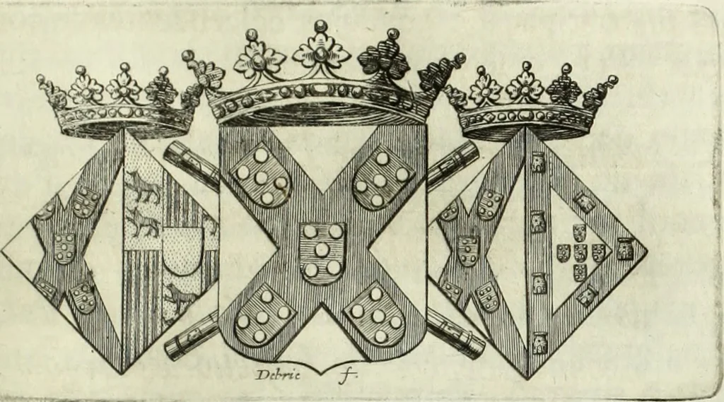 An illustration from Historia genealogica da casa real portugueza : desde a sua origem até o presente, com as familias illustres, que precedem dos reys, e dos serenissimos duques de Bragança ..., 1735, leaf 414