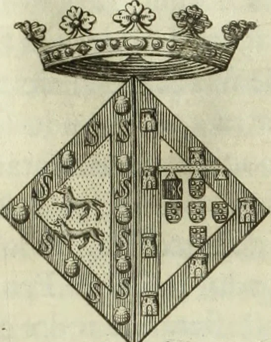 An illustration from Historia genealogica da casa real portugueza : desde a sua origem até o presente, com as familias illustres, que precedem dos reys, e dos serenissimos duques de Bragança ..., 1735, leaf 694