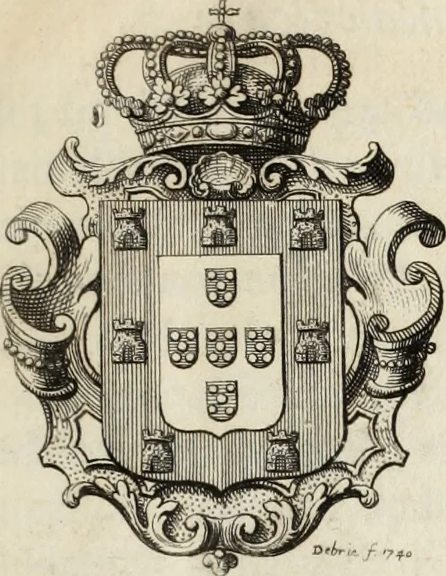An illustration from Historia genealogica da casa real portugueza : desde a sua origem até o presente, com as familias illustres, que precedem dos reys, e dos serenissimos duques de Bragança ..., 1735, leaf 12