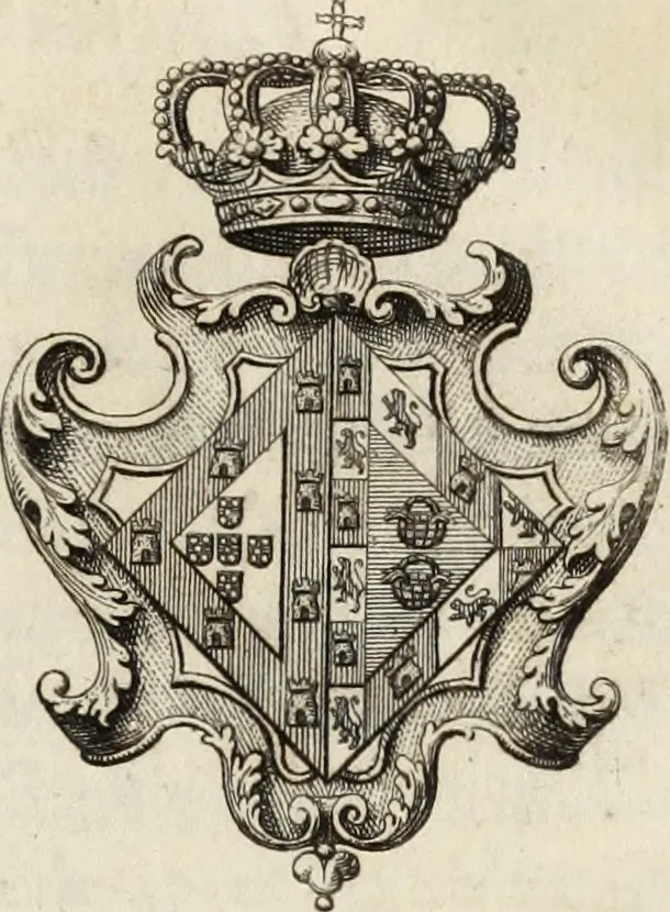 An illustration from Historia genealogica da casa real portugueza : desde a sua origem até o presente, com as familias illustres, que precedem dos reys, e dos serenissimos duques de Bragança ..., 1735, leaf 12