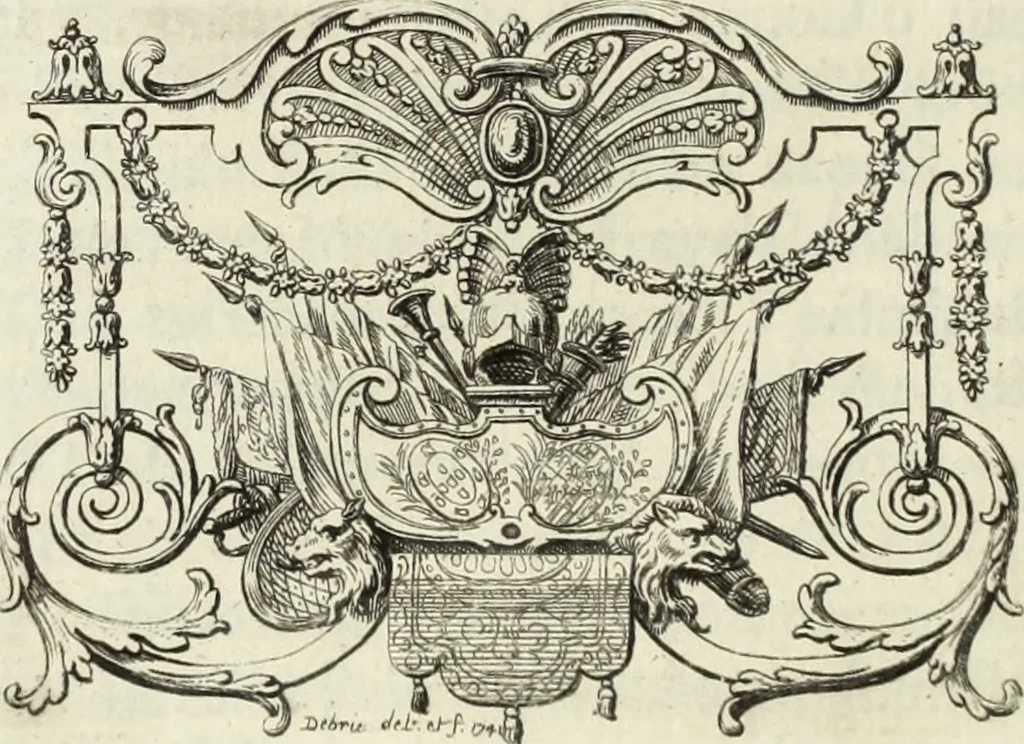 An illustration from Historia genealogica da casa real portugueza : desde a sua origem até o presente, com as familias illustres, que precedem dos reys, e dos serenissimos duques de Bragança ..., 1735, leaf 347