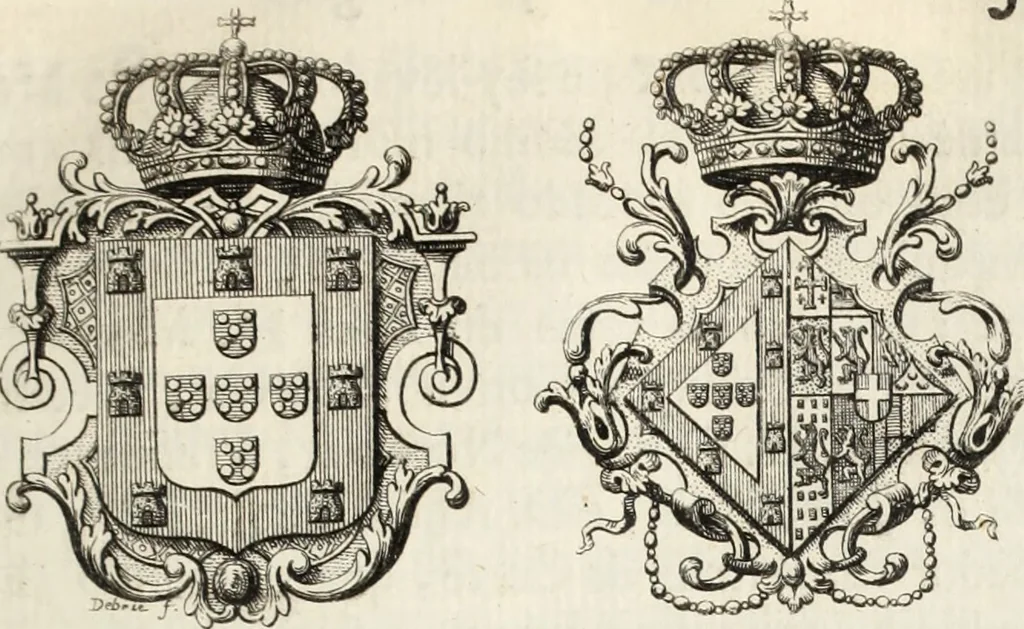 An illustration from Historia genealogica da casa real portugueza : desde a sua origem até o presente, com as familias illustres, que precedem dos reys, e dos serenissimos duques de Bragança ..., 1735, leaf 350