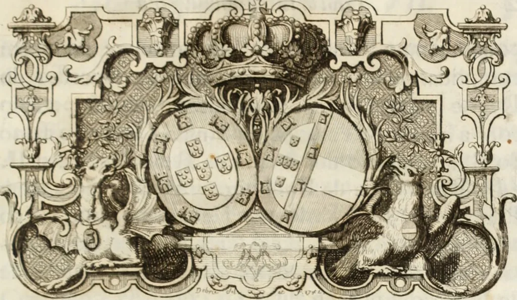 An illustration from Historia genealogica da casa real portugueza : desde a sua origem até o presente, com as familias illustres, que precedem dos reys, e dos serenissimos duques de Bragança, 1735, leaf 14