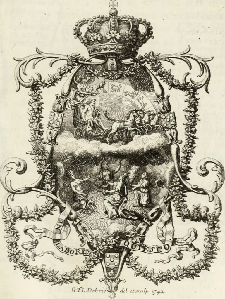 An illustration from Historia genealogica da casa real portugueza : desde a sua origem até o presente, com as familias illustres, que precedem dos reys, e dos serenissimos duques de Bragança, 1735, leaf 344