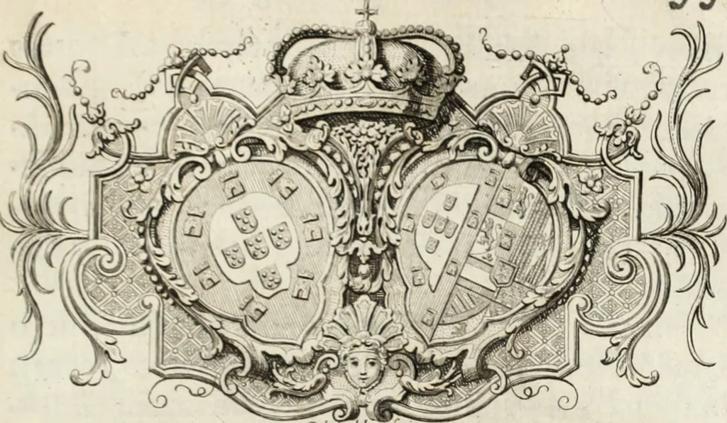 An illustration from Historia genealogica da casa real portugueza : desde a sua origem até o presente, com as familias illustres, que precedem dos reys, e dos serenissimos duques de Bragança, 1735, leaf 348