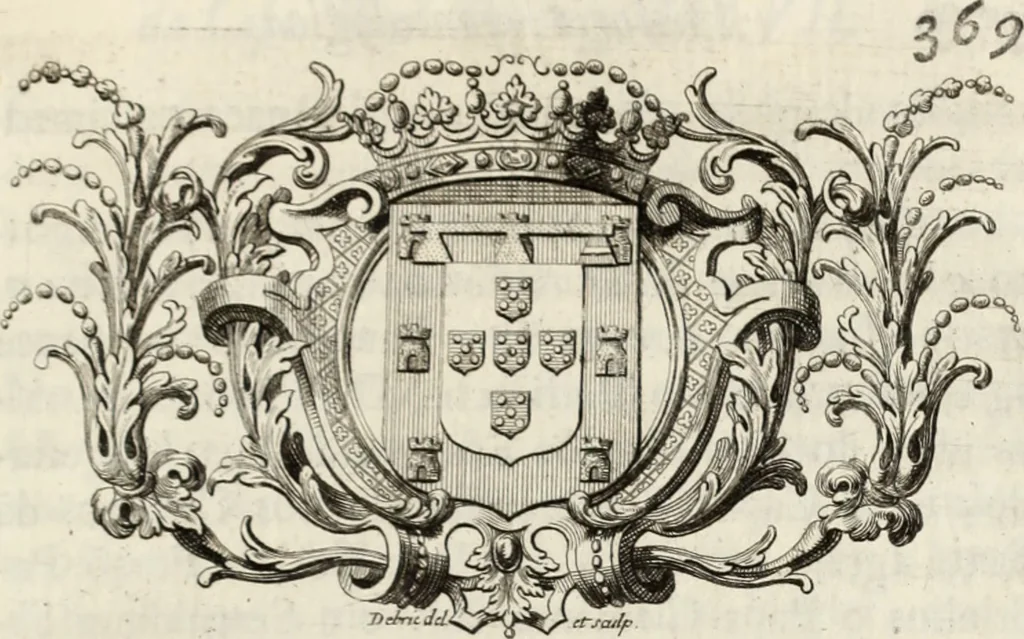 An illustration from Historia genealogica da casa real portugueza : desde a sua origem até o presente, com as familias illustres, que precedem dos reys, e dos serenissimos duques de Bragança, 1735, leaf 382