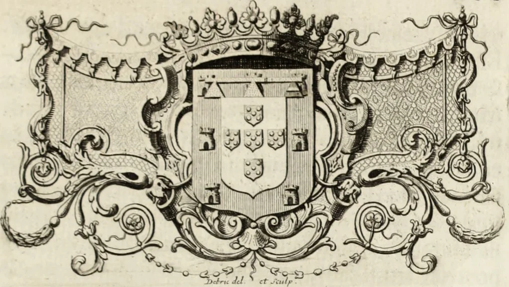 An illustration from Historia genealogica da casa real portugueza : desde a sua origem até o presente, com as familias illustres, que precedem dos reys, e dos serenissimos duques de Bragança, 1735, leaf 386