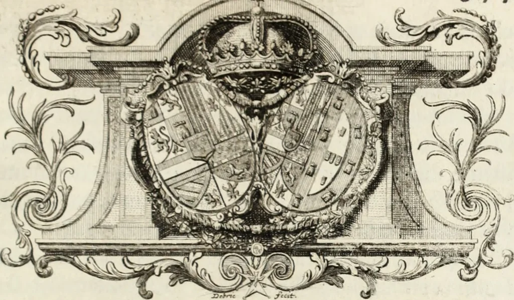 An illustration from Historia genealogica da casa real portugueza : desde a sua origem até o presente, com as familias illustres, que precedem dos reys, e dos serenissimos duques de Bragança, 1735, leaf 390