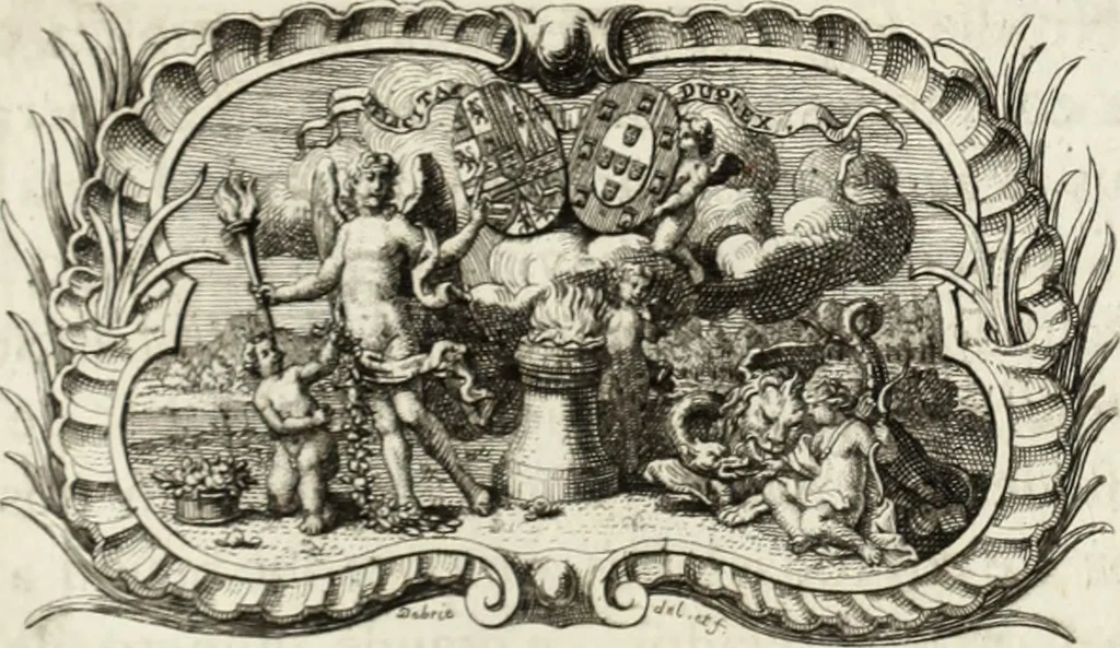 An illustration from Historia genealogica da casa real portugueza : desde a sua origem até o presente, com as familias illustres, que precedem dos reys, e dos serenissimos duques de Bragança, 1735, leaf 404