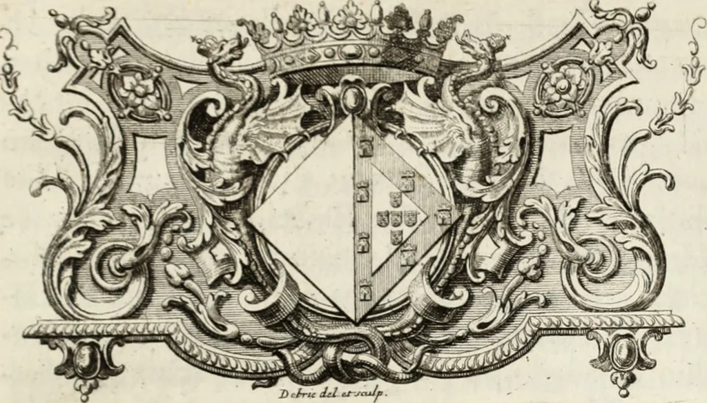 An illustration from Historia genealogica da casa real portugueza : desde a sua origem até o presente, com as familias illustres, que precedem dos reys, e dos serenissimos duques de Bragança, 1735, leaf 408