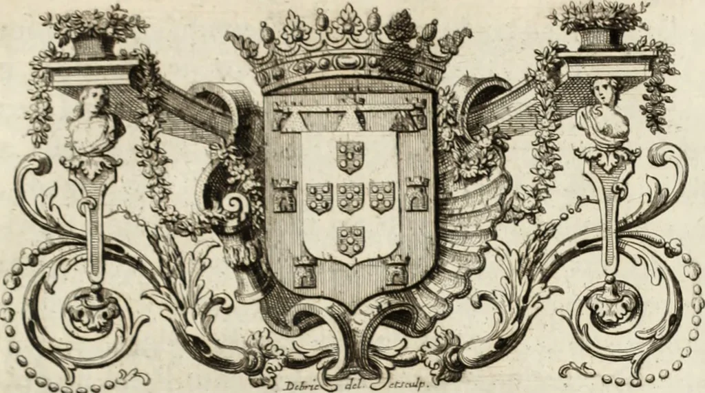 An illustration from Historia genealogica da casa real portugueza : desde a sua origem até o presente, com as familias illustres, que precedem dos reys, e dos serenissimos duques de Bragança, 1735, leaf 438