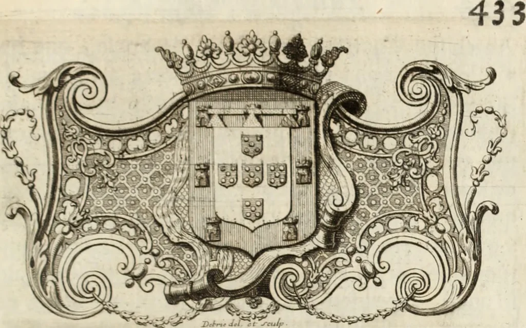 An illustration from Historia genealogica da casa real portugueza : desde a sua origem até o presente, com as familias illustres, que precedem dos reys, e dos serenissimos duques de Bragança, 1735, leaf 446