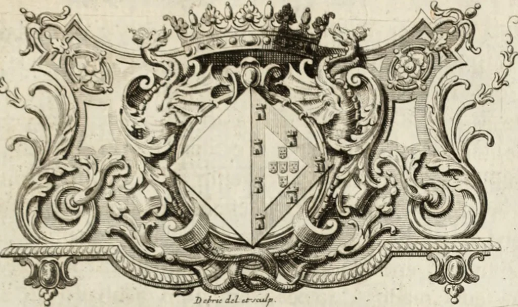 An illustration from Historia genealogica da casa real portugueza : desde a sua origem até o presente, com as familias illustres, que precedem dos reys, e dos serenissimos duques de Bragança, 1735, leaf 466
