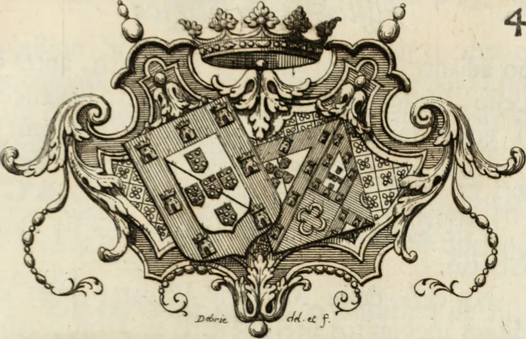 An illustration from Historia genealogica da casa real portugueza : desde a sua origem até o presente, com as familias illustres, que precedem dos reys, e dos serenissimos duques de Bragança, 1735, leaf 492