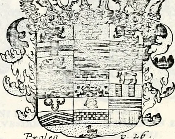 An illustration from Historia insignium illustrium sev Operis heraldici pars specialis : continens delineationem insignium plerorumque regum, ducum principum, comitum & baronum in cultiori Europa, cum explicatione singularum tesserarum, & multis ad familiarum decora titulos atque jura spectantibus, nec non tabulis aeneis scuta galeasq : in opere explicata obtutui exponentibus & indicibus necessariis, 1680, leaf 28