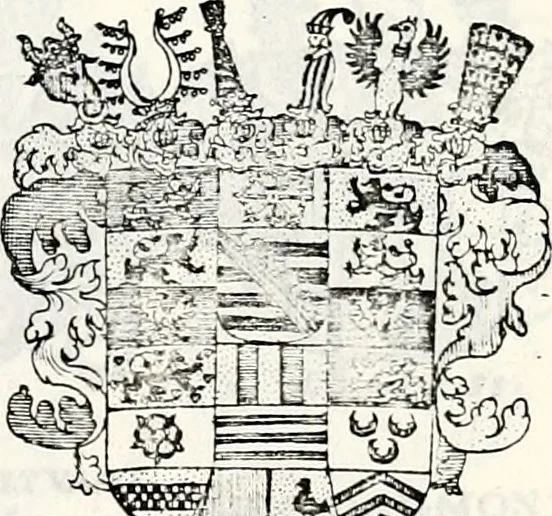 An illustration from Historia insignium illustrium sev Operis heraldici pars specialis : continens delineationem insignium plerorumque regum, ducum principum, comitum & baronum in cultiori Europa, cum explicatione singularum tesserarum, & multis ad familiarum decora titulos atque jura spectantibus, nec non tabulis aeneis scuta galeasq : in opere explicata obtutui exponentibus & indicibus necessariis, 1680, leaf 28