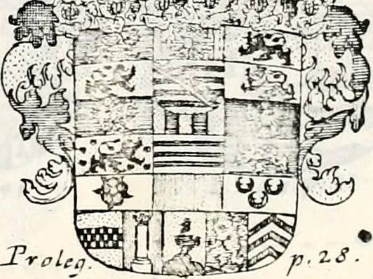 An illustration from Historia insignium illustrium sev Operis heraldici pars specialis : continens delineationem insignium plerorumque regum, ducum principum, comitum & baronum in cultiori Europa, cum explicatione singularum tesserarum, & multis ad familiarum decora titulos atque jura spectantibus, nec non tabulis aeneis scuta galeasq : in opere explicata obtutui exponentibus & indicibus necessariis, 1680, leaf 28