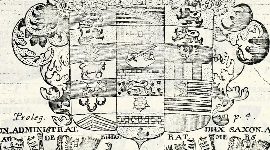 An illustration from Historia insignium illustrium sev Operis heraldici pars specialis : continens delineationem insignium plerorumque regum, ducum principum, comitum & baronum in cultiori Europa, cum explicatione singularum tesserarum, & multis ad familiarum decora titulos atque jura spectantibus, nec non tabulis aeneis scuta galeasq : in opere explicata obtutui exponentibus & indicibus necessariis, 1680, leaf 28