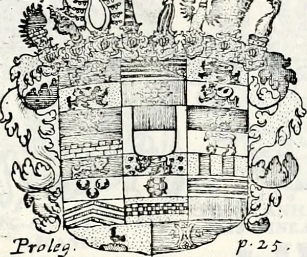 An illustration from Historia insignium illustrium sev Operis heraldici pars specialis : continens delineationem insignium plerorumque regum, ducum principum, comitum & baronum in cultiori Europa, cum explicatione singularum tesserarum, & multis ad familiarum decora titulos atque jura spectantibus, nec non tabulis aeneis scuta galeasq : in opere explicata obtutui exponentibus & indicibus necessariis, 1680, leaf 28