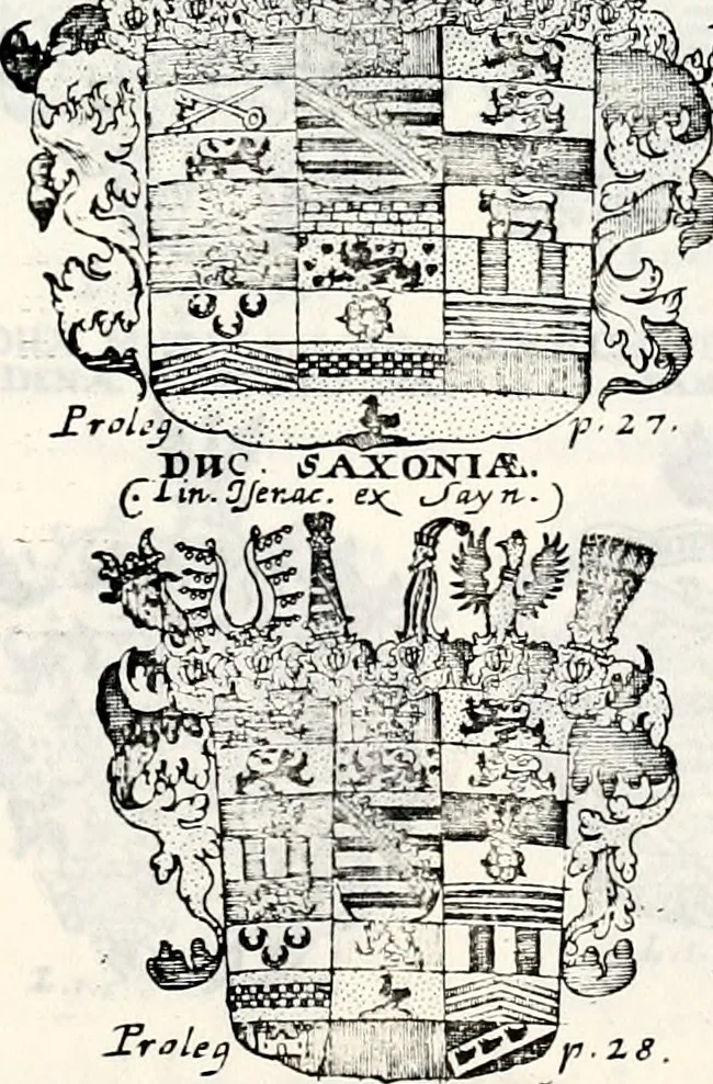 An illustration from Historia insignium illustrium sev Operis heraldici pars specialis : continens delineationem insignium plerorumque regum, ducum principum, comitum & baronum in cultiori Europa, cum explicatione singularum tesserarum, & multis ad familiarum decora titulos atque jura spectantibus, nec non tabulis aeneis scuta galeasq : in opere explicata obtutui exponentibus & indicibus necessariis, 1680, leaf 28