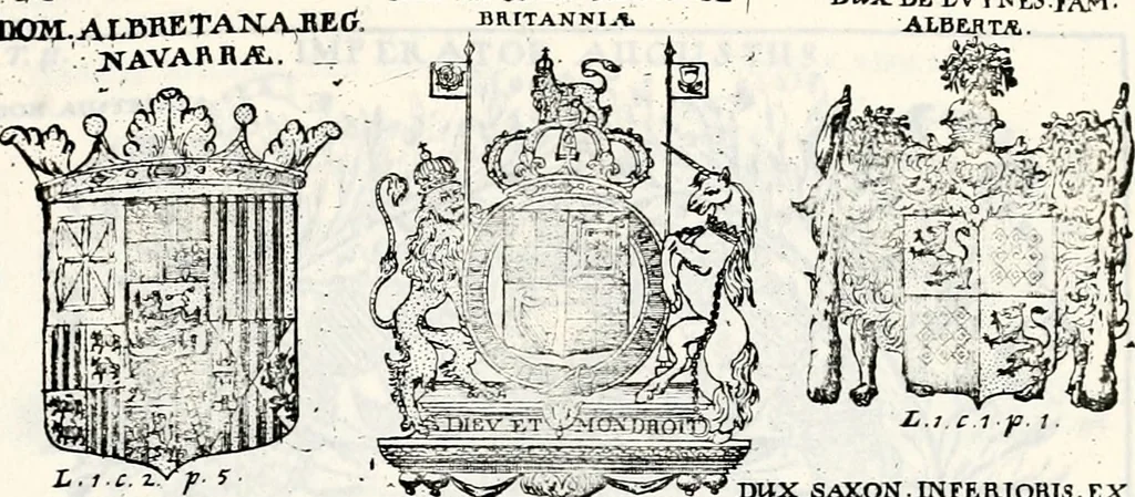 An illustration from Historia insignium illustrium sev Operis heraldici pars specialis : continens delineationem insignium plerorumque regum, ducum principum, comitum & baronum in cultiori Europa, cum explicatione singularum tesserarum, & multis ad familiarum decora titulos atque jura spectantibus, nec non tabulis aeneis scuta galeasq : in opere explicata obtutui exponentibus & indicibus necessariis, 1680, leaf 30