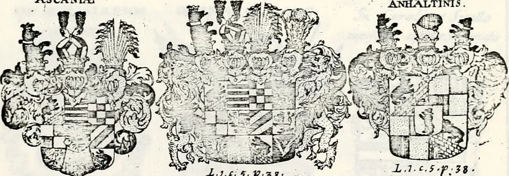 An illustration from Historia insignium illustrium sev Operis heraldici pars specialis : continens delineationem insignium plerorumque regum, ducum principum, comitum & baronum in cultiori Europa, cum explicatione singularum tesserarum, & multis ad familiarum decora titulos atque jura spectantibus, nec non tabulis aeneis scuta galeasq : in opere explicata obtutui exponentibus & indicibus necessariis, 1680, leaf 30