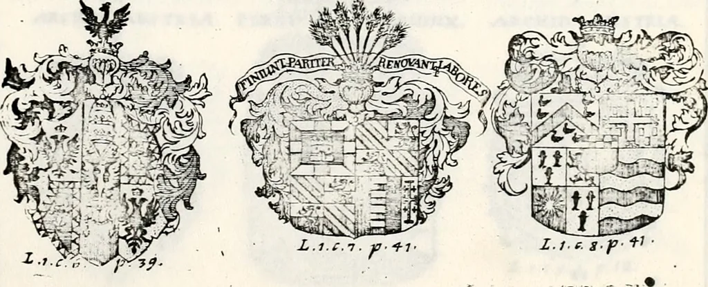 An illustration from Historia insignium illustrium sev Operis heraldici pars specialis : continens delineationem insignium plerorumque regum, ducum principum, comitum & baronum in cultiori Europa, cum explicatione singularum tesserarum, & multis ad familiarum decora titulos atque jura spectantibus, nec non tabulis aeneis scuta galeasq : in opere explicata obtutui exponentibus & indicibus necessariis, 1680, leaf 30