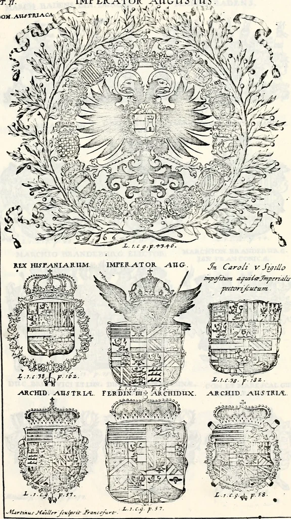 An illustration from Historia insignium illustrium sev Operis heraldici pars specialis : continens delineationem insignium plerorumque regum, ducum principum, comitum & baronum in cultiori Europa, cum explicatione singularum tesserarum, & multis ad familiarum decora titulos atque jura spectantibus, nec non tabulis aeneis scuta galeasq : in opere explicata obtutui exponentibus & indicibus necessariis, 1680, leaf 32