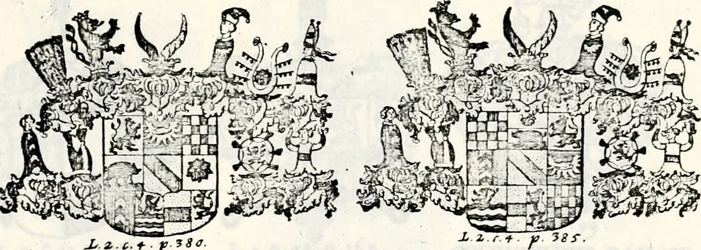An illustration from Historia insignium illustrium sev Operis heraldici pars specialis : continens delineationem insignium plerorumque regum, ducum principum, comitum & baronum in cultiori Europa, cum explicatione singularum tesserarum, & multis ad familiarum decora titulos atque jura spectantibus, nec non tabulis aeneis scuta galeasq : in opere explicata obtutui exponentibus & indicibus necessariis, 1680, leaf 34