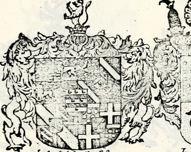 An illustration from Historia insignium illustrium sev Operis heraldici pars specialis : continens delineationem insignium plerorumque regum, ducum principum, comitum & baronum in cultiori Europa, cum explicatione singularum tesserarum, & multis ad familiarum decora titulos atque jura spectantibus, nec non tabulis aeneis scuta galeasq : in opere explicata obtutui exponentibus & indicibus necessariis, 1680, leaf 34