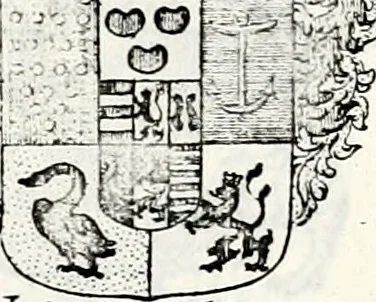 An illustration from Historia insignium illustrium sev Operis heraldici pars specialis : continens delineationem insignium plerorumque regum, ducum principum, comitum & baronum in cultiori Europa, cum explicatione singularum tesserarum, & multis ad familiarum decora titulos atque jura spectantibus, nec non tabulis aeneis scuta galeasq : in opere explicata obtutui exponentibus & indicibus necessariis, 1680, leaf 34
