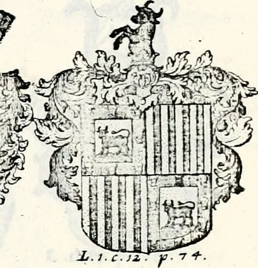 An illustration from Historia insignium illustrium sev Operis heraldici pars specialis : continens delineationem insignium plerorumque regum, ducum principum, comitum & baronum in cultiori Europa, cum explicatione singularum tesserarum, & multis ad familiarum decora titulos atque jura spectantibus, nec non tabulis aeneis scuta galeasq : in opere explicata obtutui exponentibus & indicibus necessariis, 1680, leaf 34