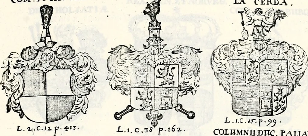 An illustration from Historia insignium illustrium sev Operis heraldici pars specialis : continens delineationem insignium plerorumque regum, ducum principum, comitum & baronum in cultiori Europa, cum explicatione singularum tesserarum, & multis ad familiarum decora titulos atque jura spectantibus, nec non tabulis aeneis scuta galeasq : in opere explicata obtutui exponentibus & indicibus necessariis, 1680, leaf 36