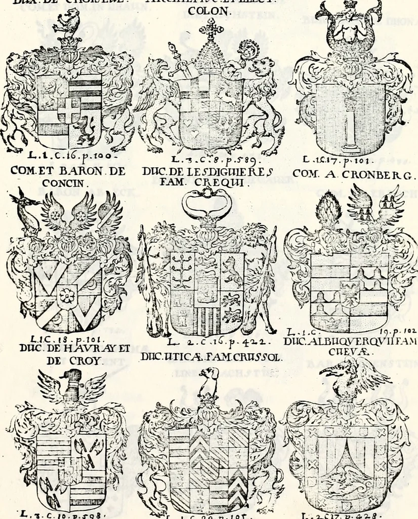 An illustration from Historia insignium illustrium sev Operis heraldici pars specialis : continens delineationem insignium plerorumque regum, ducum principum, comitum & baronum in cultiori Europa, cum explicatione singularum tesserarum, & multis ad familiarum decora titulos atque jura spectantibus, nec non tabulis aeneis scuta galeasq : in opere explicata obtutui exponentibus & indicibus necessariis, 1680, leaf 36