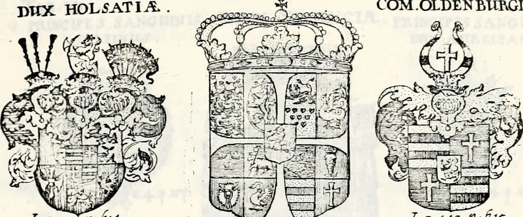 An illustration from Historia insignium illustrium sev Operis heraldici pars specialis : continens delineationem insignium plerorumque regum, ducum principum, comitum & baronum in cultiori Europa, cum explicatione singularum tesserarum, & multis ad familiarum decora titulos atque jura spectantibus, nec non tabulis aeneis scuta galeasq : in opere explicata obtutui exponentibus & indicibus necessariis, 1680, leaf 38