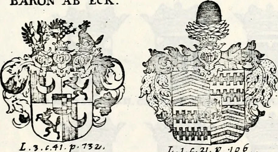 An illustration from Historia insignium illustrium sev Operis heraldici pars specialis : continens delineationem insignium plerorumque regum, ducum principum, comitum & baronum in cultiori Europa, cum explicatione singularum tesserarum, & multis ad familiarum decora titulos atque jura spectantibus, nec non tabulis aeneis scuta galeasq : in opere explicata obtutui exponentibus & indicibus necessariis, 1680, leaf 38