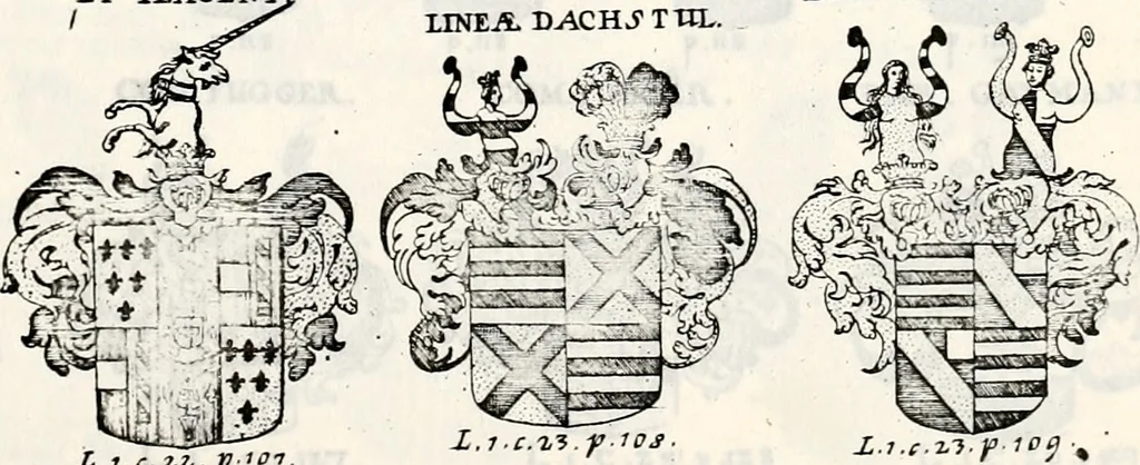 An illustration from Historia insignium illustrium sev Operis heraldici pars specialis : continens delineationem insignium plerorumque regum, ducum principum, comitum & baronum in cultiori Europa, cum explicatione singularum tesserarum, & multis ad familiarum decora titulos atque jura spectantibus, nec non tabulis aeneis scuta galeasq : in opere explicata obtutui exponentibus & indicibus necessariis, 1680, leaf 38
