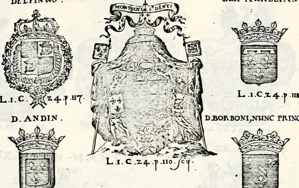 An illustration from Historia insignium illustrium sev Operis heraldici pars specialis : continens delineationem insignium plerorumque regum, ducum principum, comitum & baronum in cultiori Europa, cum explicatione singularum tesserarum, & multis ad familiarum decora titulos atque jura spectantibus, nec non tabulis aeneis scuta galeasq : in opere explicata obtutui exponentibus & indicibus necessariis, 1680, leaf 40