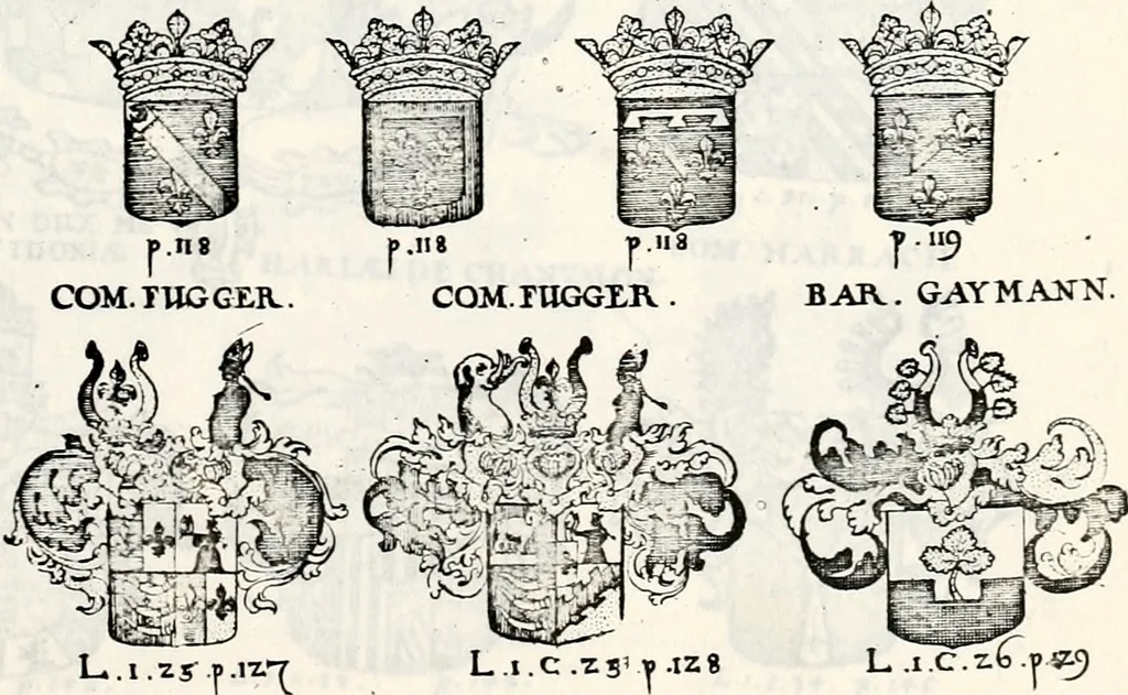 An illustration from Historia insignium illustrium sev Operis heraldici pars specialis : continens delineationem insignium plerorumque regum, ducum principum, comitum & baronum in cultiori Europa, cum explicatione singularum tesserarum, & multis ad familiarum decora titulos atque jura spectantibus, nec non tabulis aeneis scuta galeasq : in opere explicata obtutui exponentibus & indicibus necessariis, 1680, leaf 40