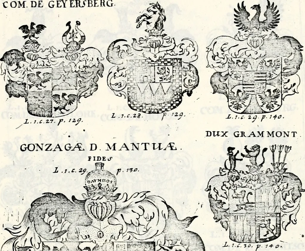 An illustration from Historia insignium illustrium sev Operis heraldici pars specialis : continens delineationem insignium plerorumque regum, ducum principum, comitum & baronum in cultiori Europa, cum explicatione singularum tesserarum, & multis ad familiarum decora titulos atque jura spectantibus, nec non tabulis aeneis scuta galeasq : in opere explicata obtutui exponentibus & indicibus necessariis, 1680, leaf 42