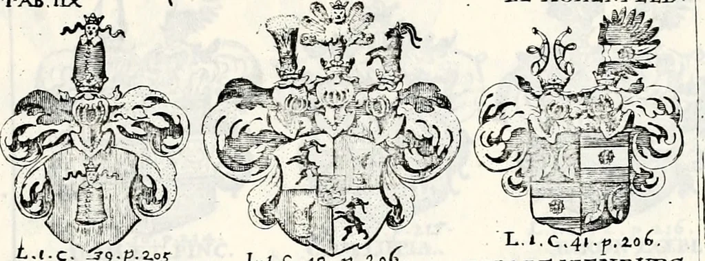 An illustration from Historia insignium illustrium sev Operis heraldici pars specialis : continens delineationem insignium plerorumque regum, ducum principum, comitum & baronum in cultiori Europa, cum explicatione singularum tesserarum, & multis ad familiarum decora titulos atque jura spectantibus, nec non tabulis aeneis scuta galeasq : in opere explicata obtutui exponentibus & indicibus necessariis, 1680, leaf 44