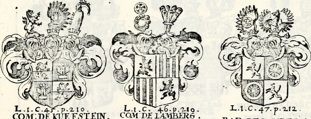An illustration from Historia insignium illustrium sev Operis heraldici pars specialis : continens delineationem insignium plerorumque regum, ducum principum, comitum & baronum in cultiori Europa, cum explicatione singularum tesserarum, & multis ad familiarum decora titulos atque jura spectantibus, nec non tabulis aeneis scuta galeasq : in opere explicata obtutui exponentibus & indicibus necessariis, 1680, leaf 44